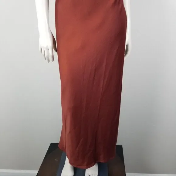House Of Harlow 1960 Revolve Brown Satin Long Ruche Detail Side Slit Dress Sz XL - Picture 3 of 13